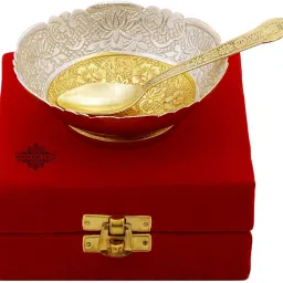 indianartvilla Silver Plated Gold Polished Decorative Embossed Flower Design Bowl And Spoon With Gift Box Festive Gifts Bowl, Spoon Serving Set image 2