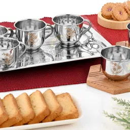Pack of 6 Stainless Steel Tea & Coffee Set (6 PCs Cups with Tray) 130ml Laser Design-image-43