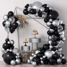 Solid Black Silver Confetti Balloons Garland Decoration Kit With Arch Pack Of 60 Balloon-image-54