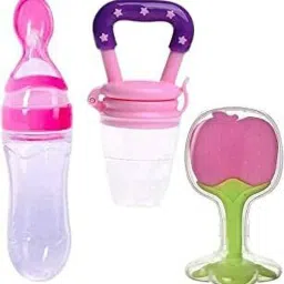 Silicone Fruit Teether & Food Nibbler & Spoon Bottle (Multicolor) (Pack of 3) Teether and Feeder-4