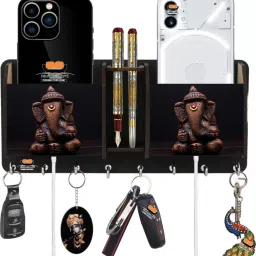 Designer Ganesh Wooden 2 Pocket Mobile and Pen holder 8 Hooks Wood Key Holder-image-84