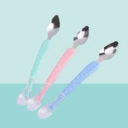 (Pack of 3pcs) 2 in 1 Silicone Baby Spoon & Stainless Steel Fruit Scraper Spoon- Plastic-1