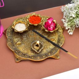 White Metal Pooja Thali with Deepak Swastik Flower Designer Plate thali Diya Deepak Thali Puja (Golden) Gold-image-57