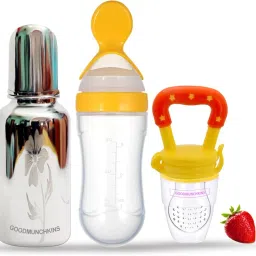 Stainless Steel Feeding Bottle Silicone Spoon Feeder (90ml) & Fruit Feeder for Babies -304 SS-No Joints-Anti Colic Silicon Nipple-Food Grade Silicon Feeder BPA Free Pack of 3 - 220-6