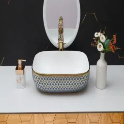 skyris bathware stylish royal blue & gold trim design ceramic Washbasin Sink (44.6x32x13.5 CM) (SUPER GLOSSY FINISH) PREMIUM DESIGNER WASH BASIN Table Top Basin-image-94