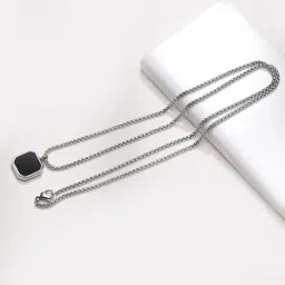 Square Silver Black Trendy Chain Locket Necklace for Boys Men Silver Stainless Steel, Silver Pendant-image-43