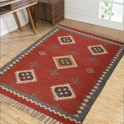 baithak krafts Maroon Wool & Jute Abstract 72 x 48 Inches Hand Woven Dhurries-picture-9