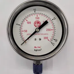 0-300 PSI Dial Pressure Gauge Dia 4"/ 100 MM, SS Body, Bottom Connection 3/8" Ring Gauge-10
