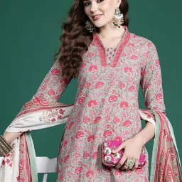 Indo Era Floral Printed Pure Cotton Kurta with Salwar & With Dupatta-image-3