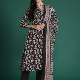 Indo Era Women Floral Printed Angrakha Pure Cotton Kurta with Trousers & With Dupatta-image-30