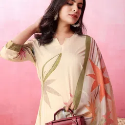 MOJILAA Floral Printed Silk Crepe Straight Kurta With Trousers & Dupatta-image-75