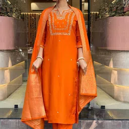GoSriKi Ethnic Motifs Embroidered Straight Kurta With Trousers & Dupatta-picture-10