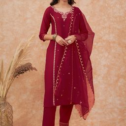 Sangria Maroon Floral Embroidered Straight Kurta With Trousers & Dupatta-51