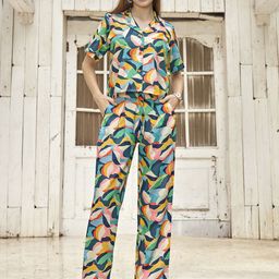 Anouk Green Geometric Printed Lapel Collar Shirt With Trouser-34
