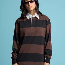 Bonkers Corner Brown Colourblocked Polo Collar Cotton Oversized T-shirt-image-87