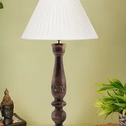 Devansh Off White & Brown Textured Shade Traditional Frustum Shaped Wooden Lamp-25