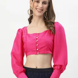 studio rasa Square Neck Chroma Silk Button-Down Saree Blouse-42