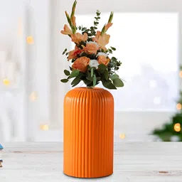 LASAKI Evelyn Orange Textured Cylindrical Ceramic Flower Vase-image-66
