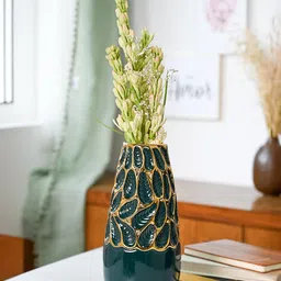 MARKET99 Gold Toned & Teal Green Abstract Ceramic Flower Vase-1