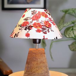 Homesake Pyramid Brown & White Floral Printed Table Lamp With Wooden Base-77