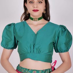 Frolic Rolic Teal Green Silk Blend V-Neck Puff Sleeves Blouse-picture-52