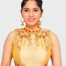 Trendzmy Gold-Toned Embroidered Readymade Silk Saree Blouse-image-3