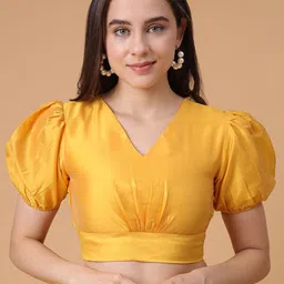Frolic Rolic Yellow Silk Blend V-Neck Puff Sleeves Blouse-picture-19