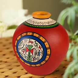 ExclusiveLane Red & Yellow Warli Art Terracotta Matki Shape Vase-image-84