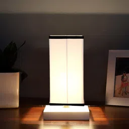Devansh White & Black Cotton Square Table Lamp With Wood Base-28