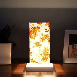 Devansh White & Orange Floral Printed Cotton Square Table Lamp With Wood Base-2