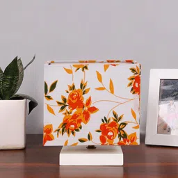 Devansh White & Orange-Coloured Printed Cotton Table Lamp With Wooden Base-10