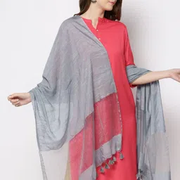 Dupatta Bazaar Grey & Pink Woven Design Linen Dupatta image 2