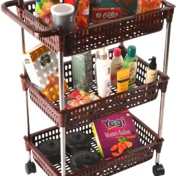 Multipurpose 3-Shelf Storage Revolving Trolley Rack with Wheels|Brown Plastic Kitchen Trolley-96