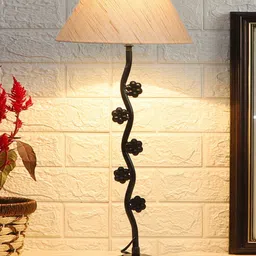 Devansh Off White & Black Textured Cotton Zig Zag Table Lamp With Iron Base-10