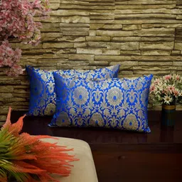RoyalDeco Mughal Banarasi Turquoise Blue 2 Pieces Ethnic Brocade Rectangle Cushion Covers-19