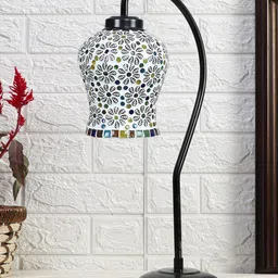 Devansh Black & White  Printed Curvy Table Lamp With Mosaic Glass Shade-29