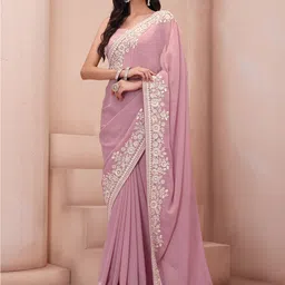Inddus Pink Floral Sequinned Poly Georgette Saree-image-26