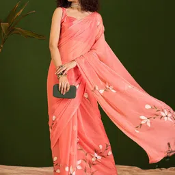 SangriaFloral Hand Printed Saree with Blouse Piece-image-84