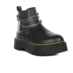 London Rag  Women Black Solid Chunky Metal Chain Chelsea Boot-image-16