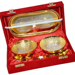 me&you Specail Diwali Gifts Gold Plated Set of 2 Brass Bowls (Capacity-150 ml), 2 Spoons and 1 Tray, Serving Set IZ18GoldBowl-002 Bowl, Spoon, Tray Serving Set-picture-3