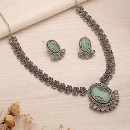 Saraf RS Jewellery Rhodium-Plated Stone Studded Floral Oxidised Necklace & Earrings-29