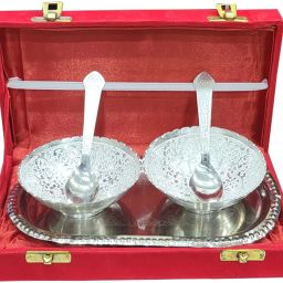 Silver Plated Bowl with Tray for Return Gifts, Baby Shower & more Bowl, Spoon, Tray Serving Set-image-76