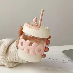 tinsuhg Printed Coffee Cup with Silicone Lid and Glass Straw for Tea and Coffee Glass Tumbler-picture-34