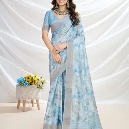 Mitera Floral Printed Zari Tussar Saree With Tassels-image-52