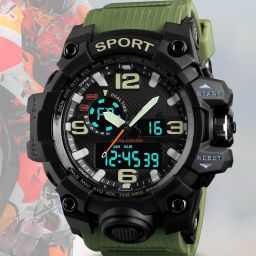 Green Sport Wristwatch – Men's 1155 Trendy Analog-Digital Watch - For Men Green PU Watch, Dual Sport Display-image-93