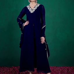 Sangria Floral Sequin Embroidered A-Line Kurta With Trouser & Dupatta Set image 1