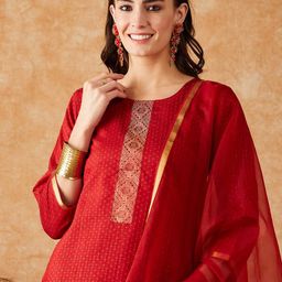 Sangria Round Neck Ethnic Motif Self Designed Kurta & Trousers With Dupatta image 2