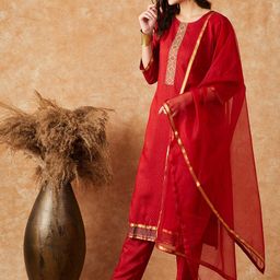 Sangria Round Neck Ethnic Motif Self Designed Kurta & Trousers With Dupatta image 5