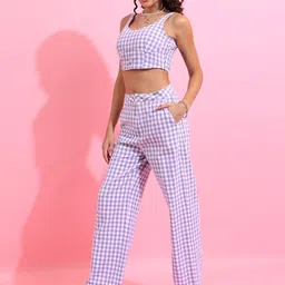 Tokyo Talkies Checked Sleeveless Pure Cotton Crop Top With Trouser-picture-3