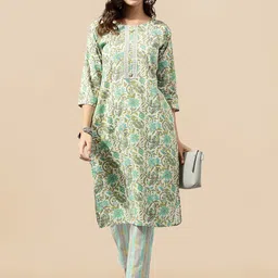 KALINI Floral Printed Regular Gotta Patti Pure Cotton Kurta With Trousers-image-33